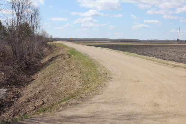 A rural dirt road curving to the right, flanked by fields and sparse vegetation.