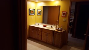 Combined shower/bathtub, hair dryer, towels, soap