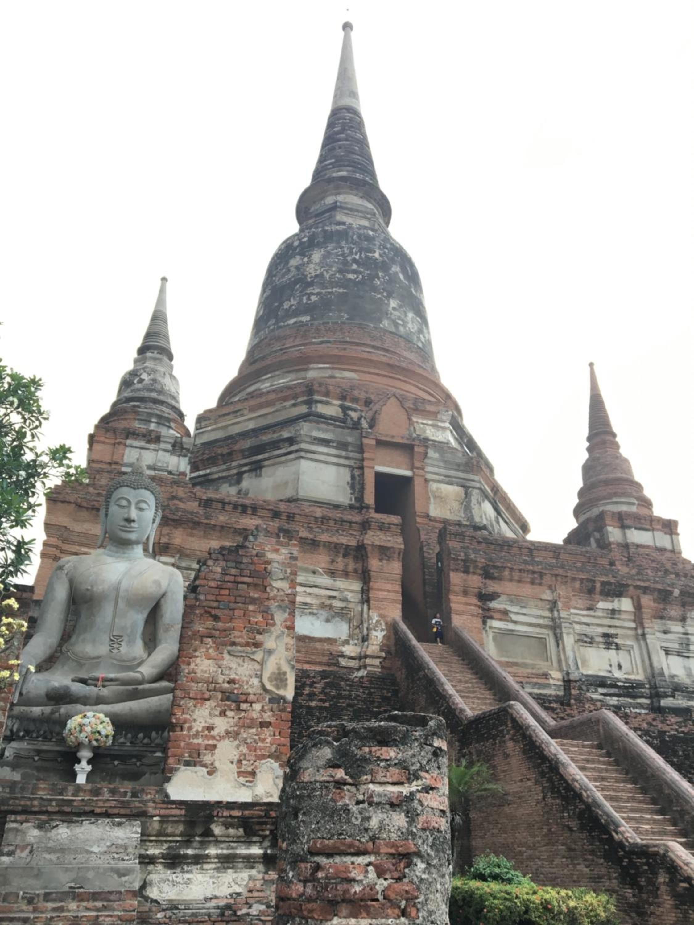 Une grande statue de Bouddha se dresse devant un temple doté d’une haute flèche et d’un escalier menant à l’entrée.