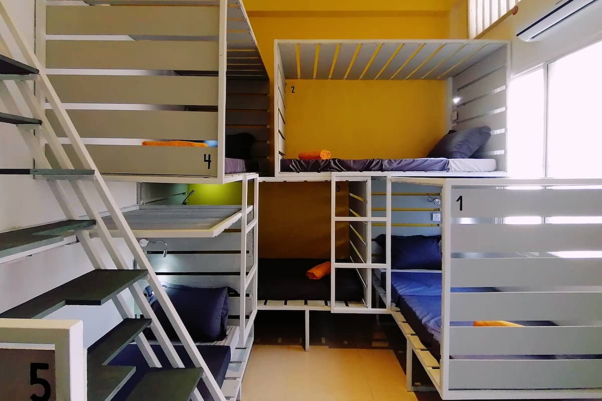 A multi-level bunk bed room with a ladder and numbered compartments, indicating a dormitory-style accommodation.
