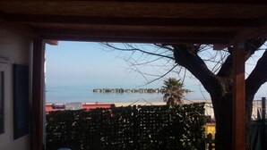 A view from inside a building with a large window overlooking a beach, a palm tree, and a pier. - Camping Borghetti (Ortona)