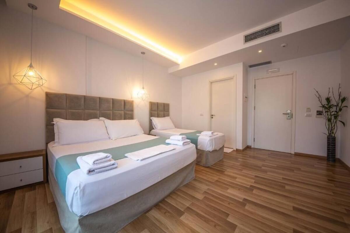 A modern hotel room with a large bed, bedside tables, a bedside lamp, a door, and a potted plant.