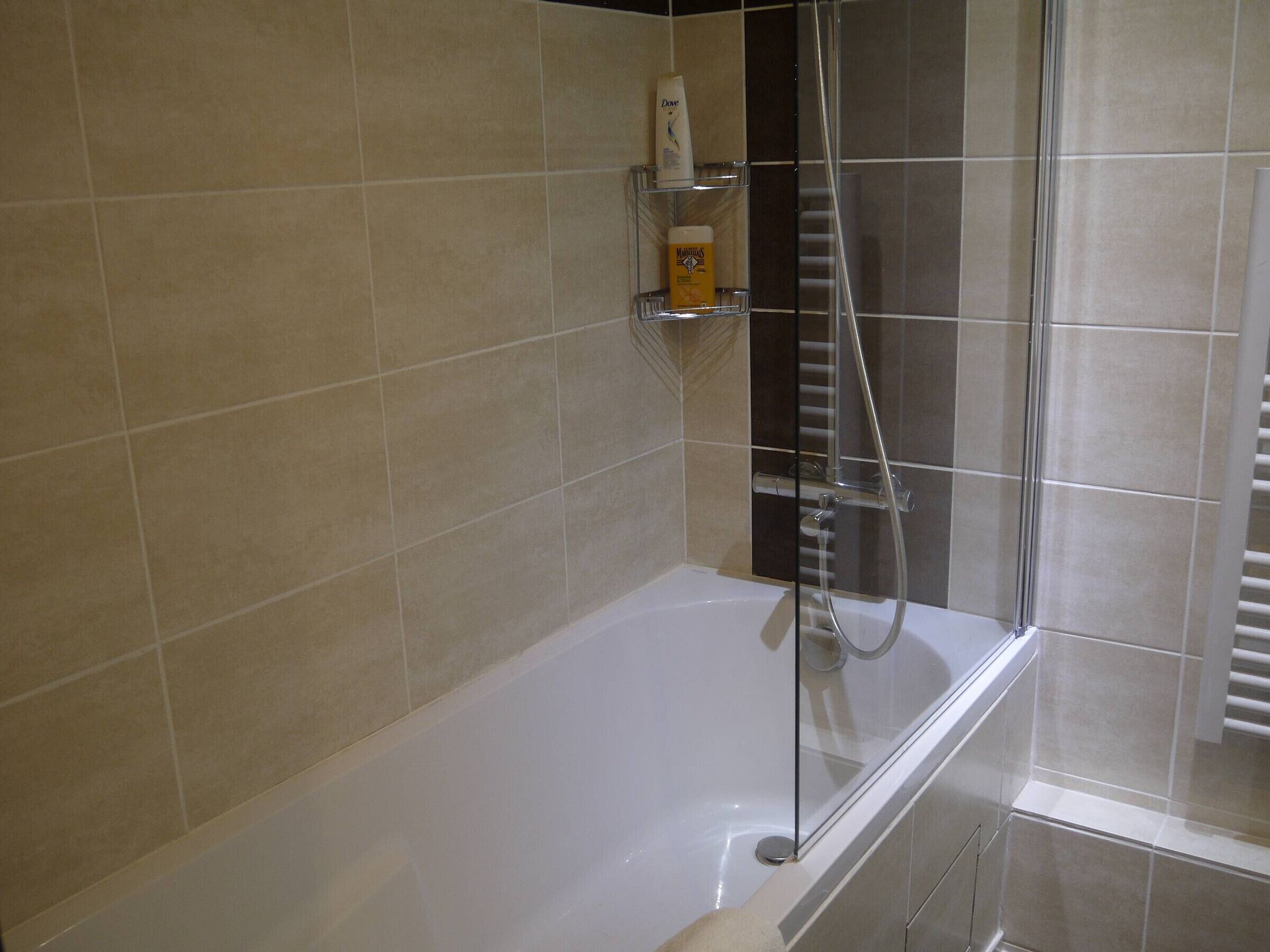A modern bathroom with a glass-enclosed shower, a white bathtub, and a shelf with toiletries.