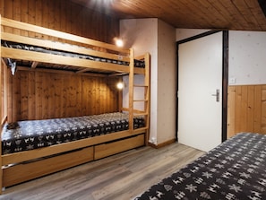 A bunk bed with a ladder, a wooden wardrobe, and a white door in a room with wooden walls and flooring.