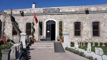 A stone building with the sign "MUZE" above the entrance, featuring a flag, potted plants, and statues.