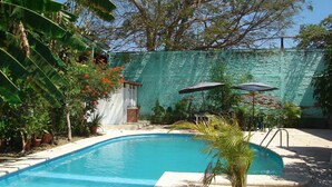 A swimming pool surrounded by potted plants and trees, with two umbrellas and a brick wall in the background. - Hotel Hospedajes Del Rey (Colima)