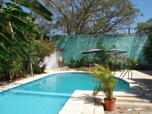 Outdoor pool, open 8:00 AM to 8:00 PM, pool umbrellas, sun loungers - Hotel Hospedajes Del Rey (Colima)