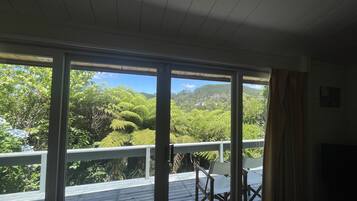A room with large windows, a wooden deck, and a view of lush greenery and hills.