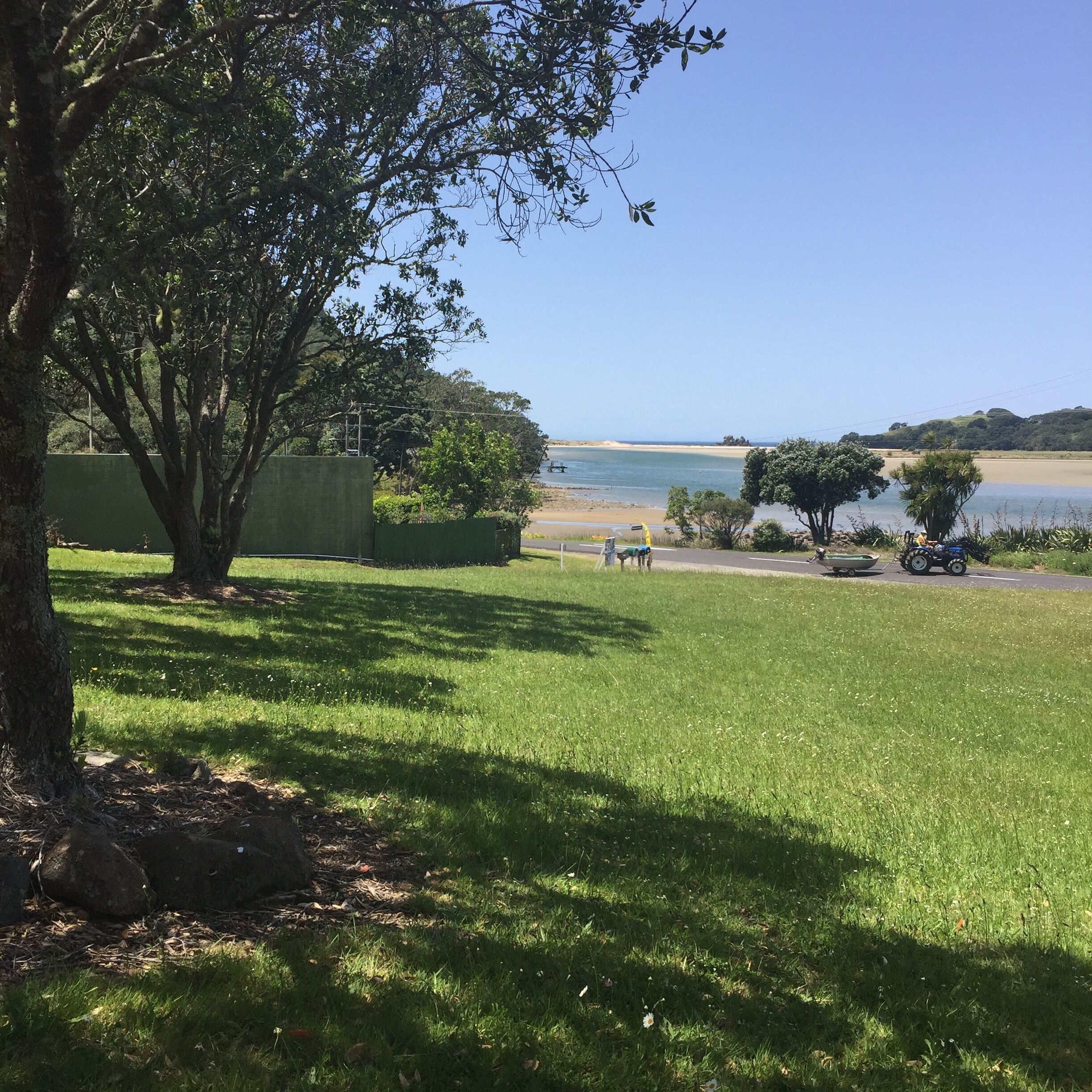 A grassy area with a tree, a fence, and a view of a beach and water body.