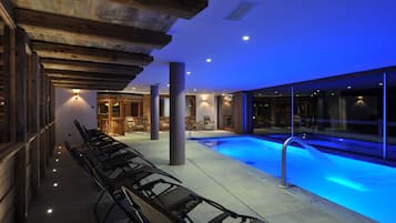 Indoor pool, open 2:30 PM to 8 PM, pool loungers