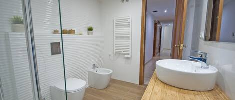 Ducha, secador de pelo, bidé y toallas