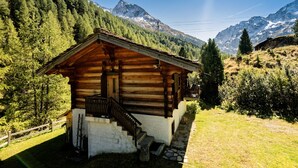 Une cabane en bois avec un escalier en pierre, entourée d’une forêt et de montagnes.