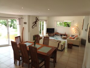 Télévision, cheminée, lecteur de DVD, table de tennis de table