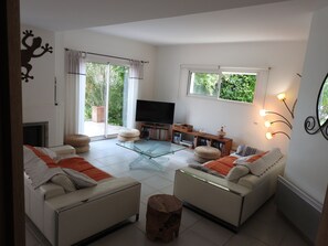 Télévision, cheminée, lecteur de DVD, table de tennis de table