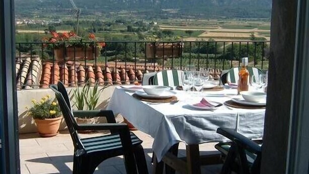 Un área de comedor al aire libre con una mesa preparada para cuatro, rodeada de macetas de terracota y plantas en macetas, con vistas a un paisaje pintoresco con colinas.