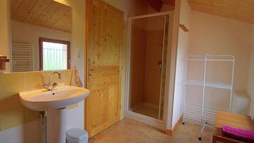 Shower, hair dryer, soap, shampoo