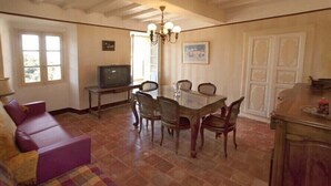 A dining area with a wooden table and chairs, a television on a stand, and a sofa with a plaid throw.