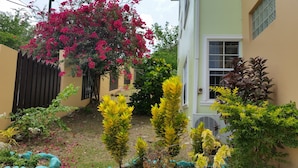 A garden with various plants and a pink flowering tree. - Beautiful Condo with Fantastic Sea and Sunset Views (Cap Estate)
