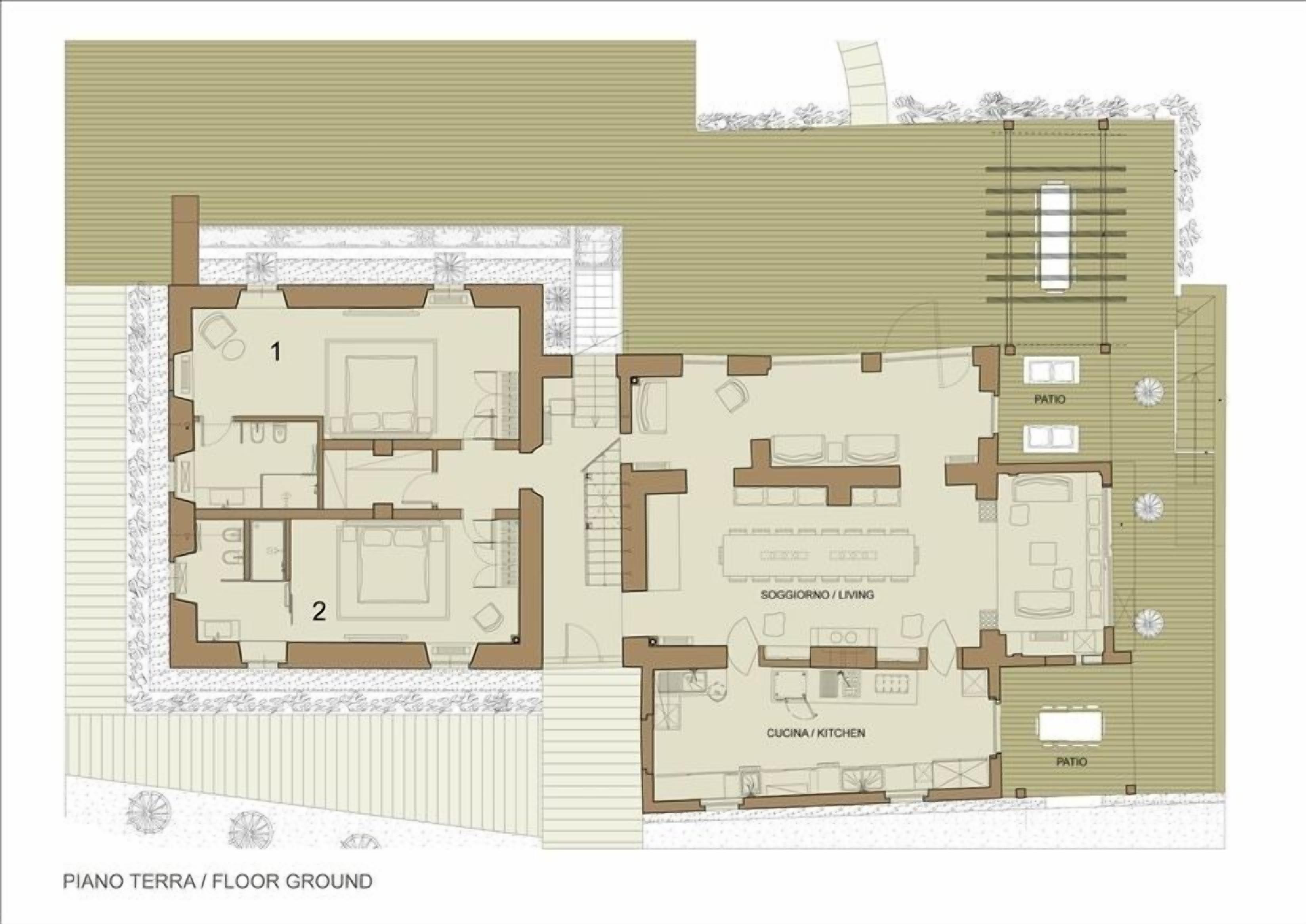 A floor plan of a property with two main living areas, a kitchen, and a patio.