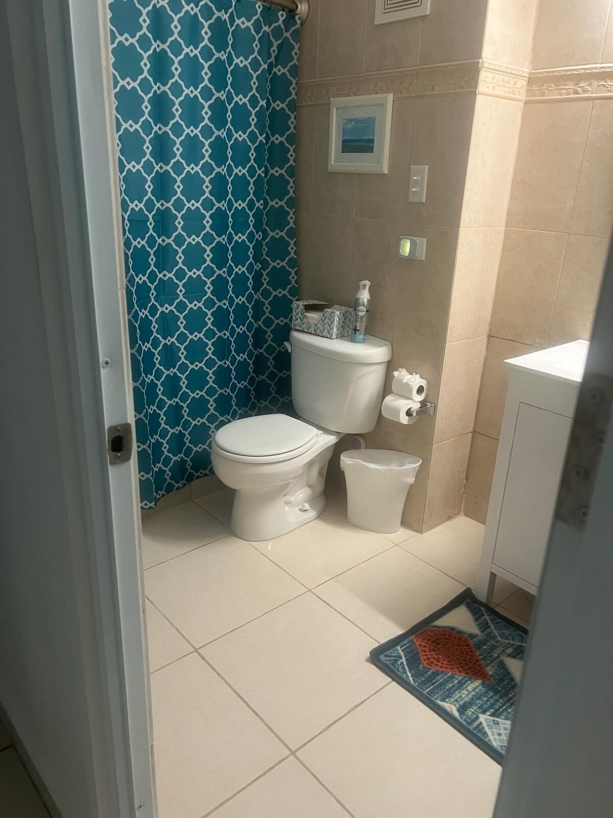 Un baño con inodoro blanco, un cubo de basura, dispensador de toallas y cortina de ducha estampada.