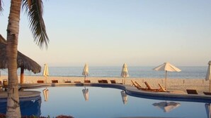 Area piscina con lettini e ombrelloni, una palma e vista sulla spiaggia.