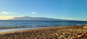 On the beach, sun loungers, beach towels
