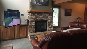 Téléviseur connecté, foyer, lecteur de DVD, livres