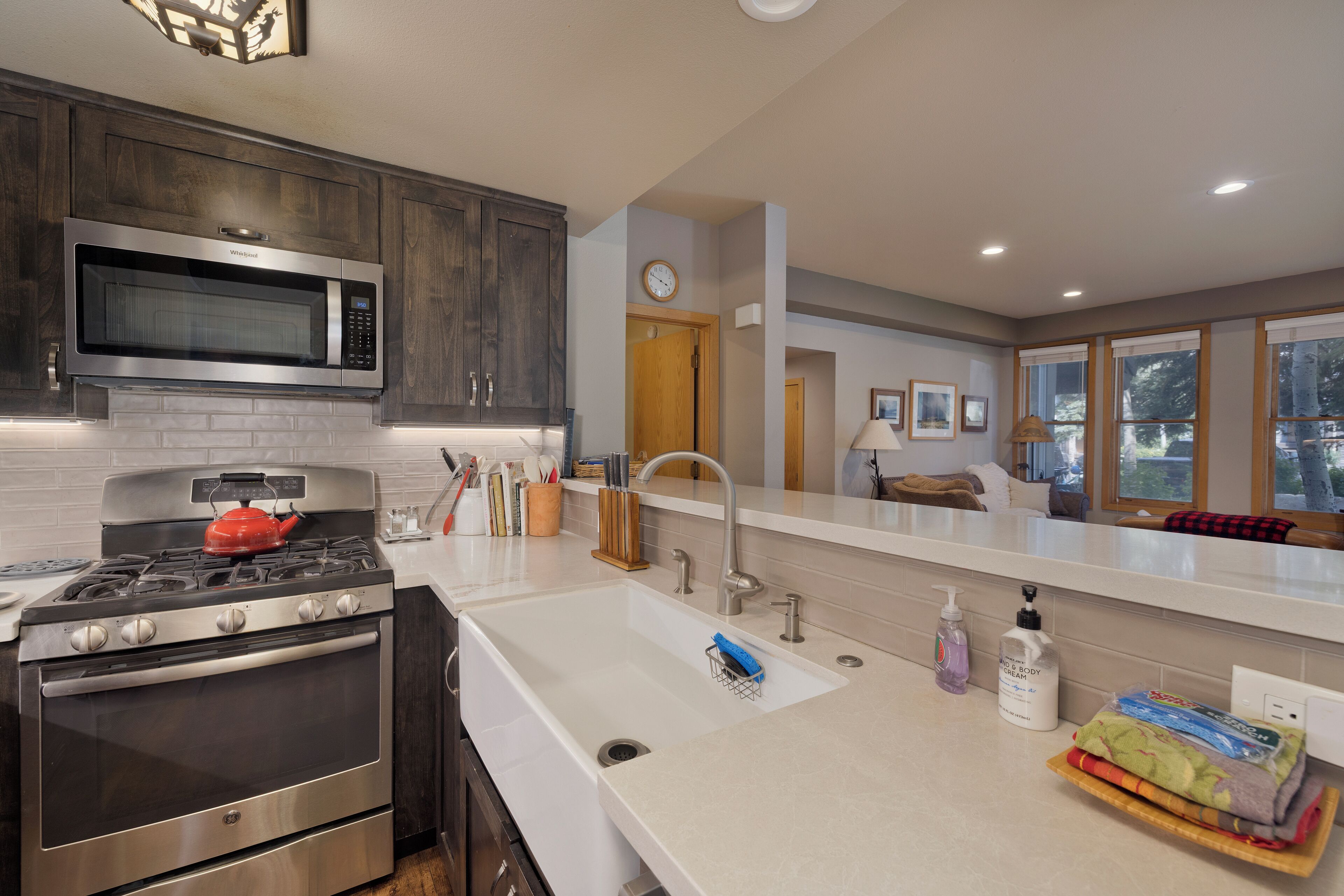A modern kitchen with stainless steel appliances, a double sink, and a view of the living area.