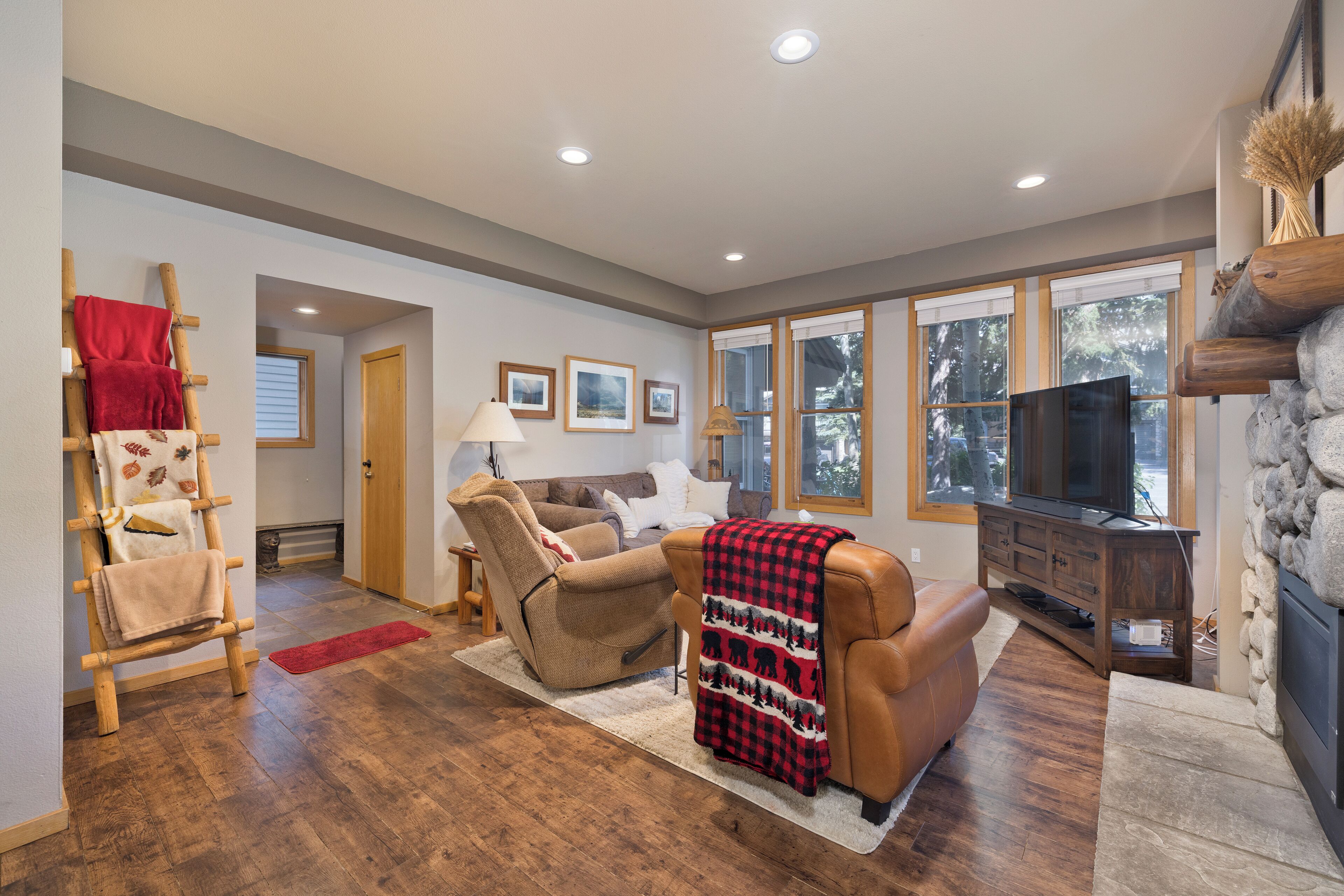 Smart TV, fireplace, books