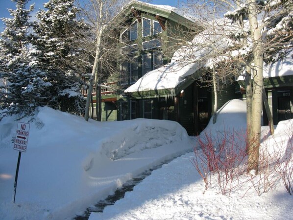 A building with a snow-covered roof and a 'No Parking' sign near a snow-covered pathway.