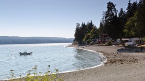 A beach with a boat on the water, houses along the shore, and a forest in the background. - Hood Canal, 1930's Beach Cottage,  315' Cove with Oysters! (Hoodsport)