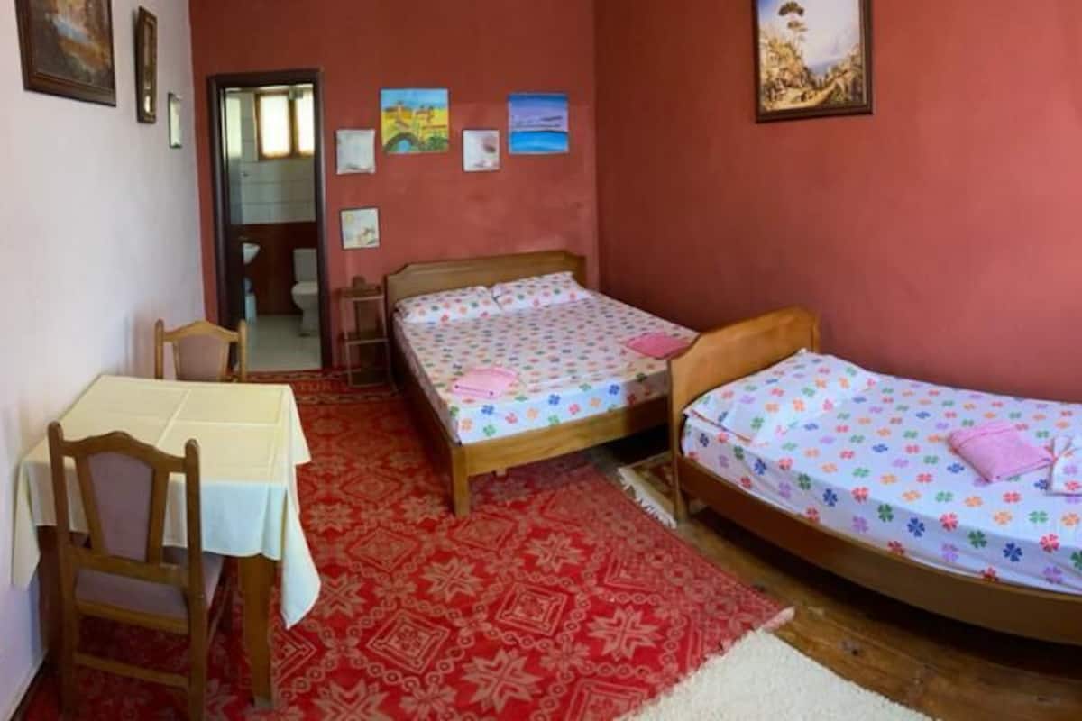 A bedroom with two single beds, a wooden chair, a small table, and a red patterned rug.