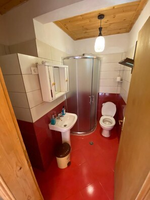 A bathroom with a shower, toilet, and sink. - Rooms Merlika (Krujë)