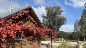 A wooden cabin with a chimney, surrounded by a gravel driveway and a grassy area with trees. - Relax in a beautiful private peaceful setting 5 minute drive from Beechworth (Wooragee)