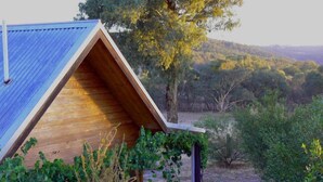 A wooden cabin with a sloped roof, surrounded by greenery and hills in the background. - Relax in a beautiful private peaceful setting 5 minute drive from Beechworth (Wooragee)