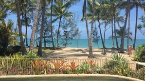 A pool with clear water, surrounded by palm trees and a sandy beach.