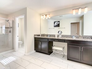 Combined shower/tub, hair dryer, towels - 🏝️ 5BR/5BA Home w/ Private Pool & Spa, Themed Kids’ Rooms & Resort Fun | Storey Lake Near Disney (Kissimmee)