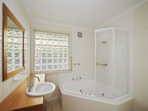 Combined shower/tub, jetted tub, hair dryer, towels