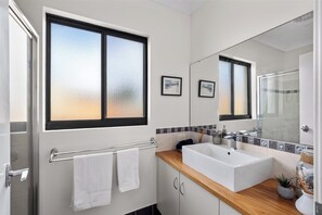 Combined shower/bathtub, hair dryer, towels, soap