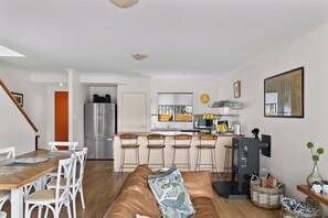 TV connectée, cheminée, lecteur de DVD, livres