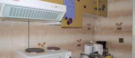 Fridge, oven, coffee/tea maker, toaster