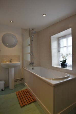 Combined shower/tub, hair dryer, towels, soap