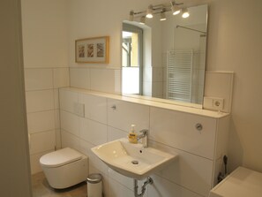 A bathroom with a toilet, sink, and mirror.