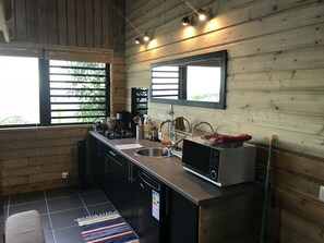 Fridge, microwave, stovetop, coffee/tea maker