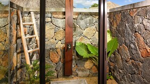 Une salle de bain aux murs en pierre, avec une porte en bois, une échelle et un espace douche.