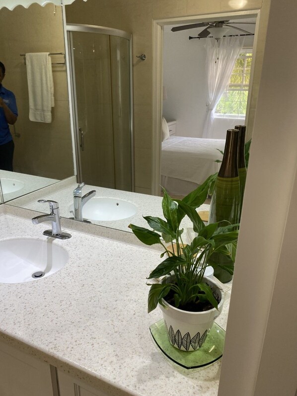 A bathroom with a double sink, a glass shower enclosure, and a potted plant on the counter. - The Palms Diamond-Delightful Decorous, your host is Dependable (Bridgetown)