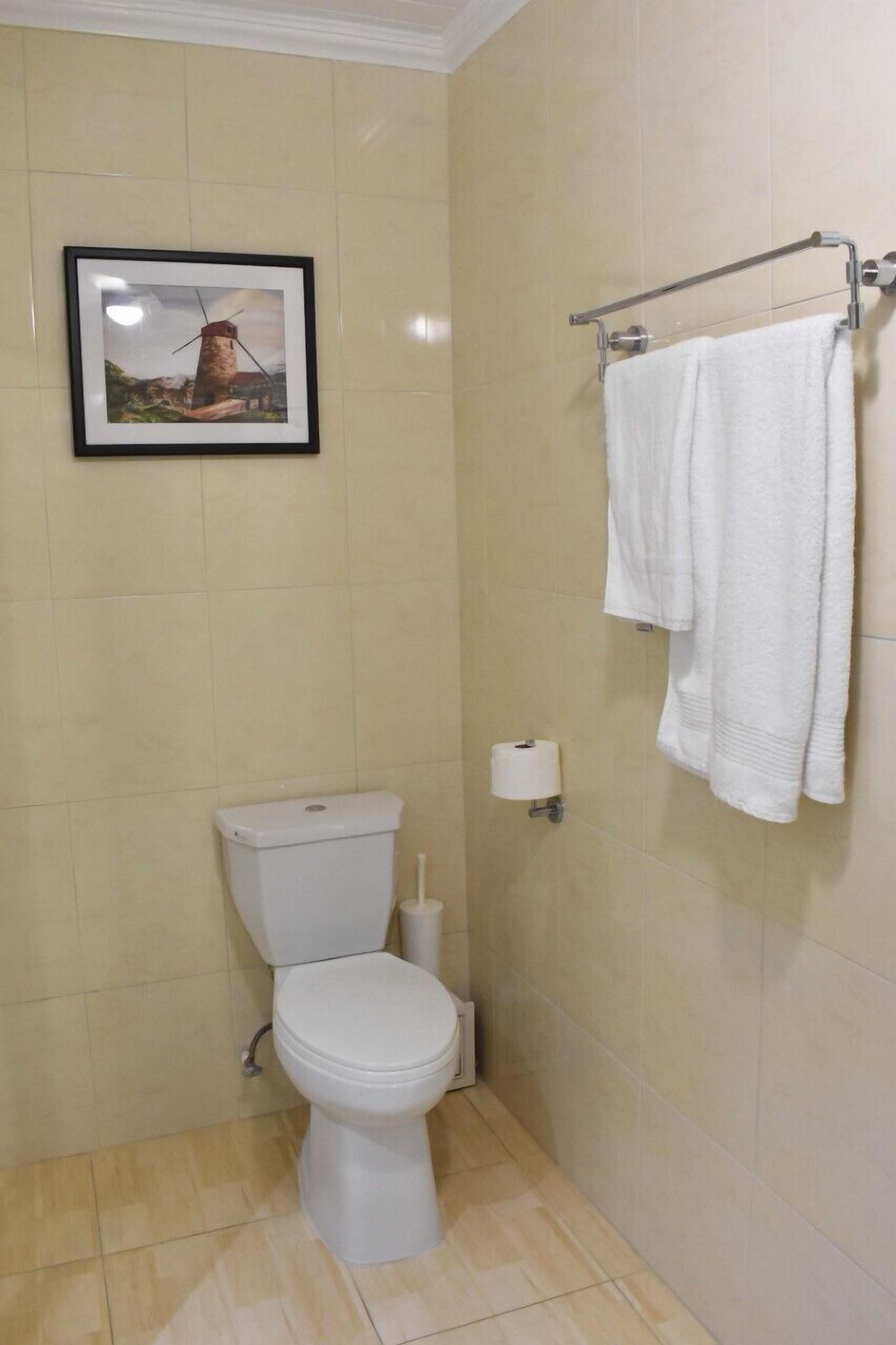 A bathroom with a toilet, a towel rack with a white towel, a picture of a windmill, and a toilet paper holder.