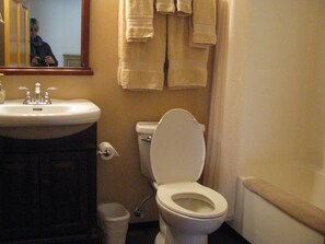 Duschwanne, Haartrockner, Handtücher, Seife