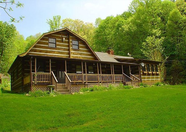 Une cabane en bois avec une véranda, entourée d’une végétation luxuriante.