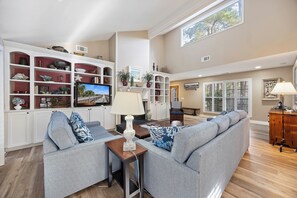 TV, fireplace, books